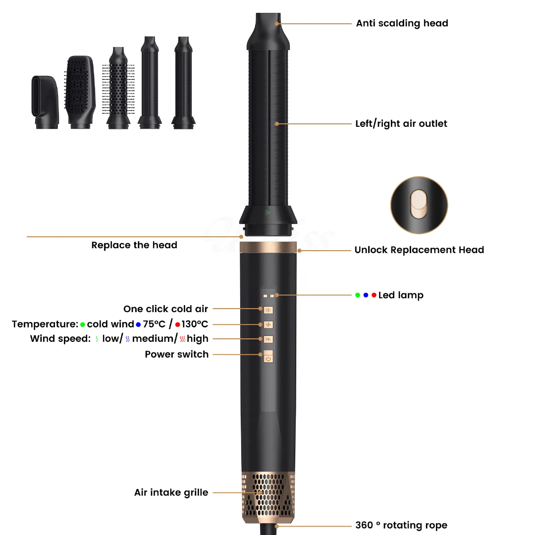 Hair Dryer Black Gold - 6 in 1 Hair styler